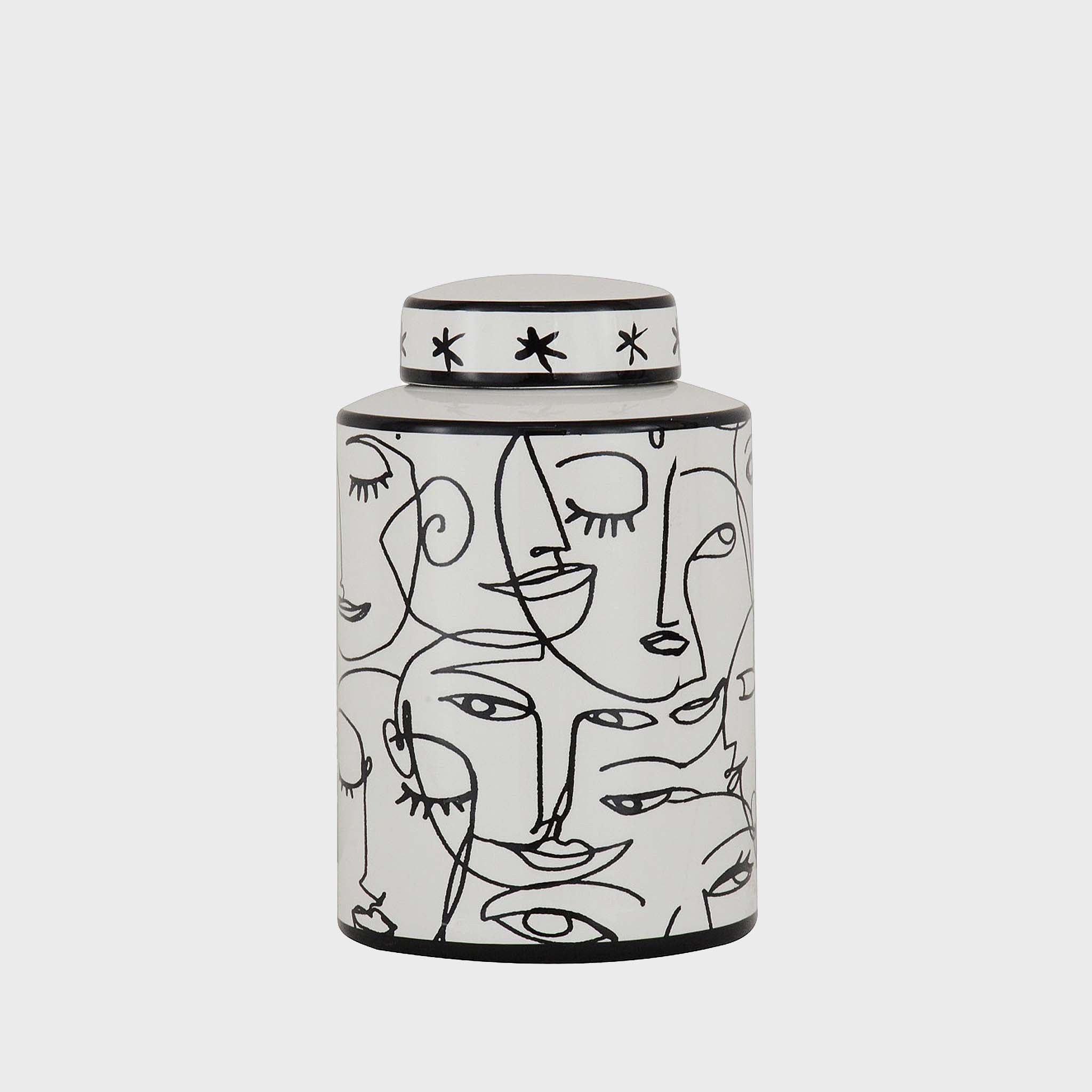 Face Lidded Jar - White & Black