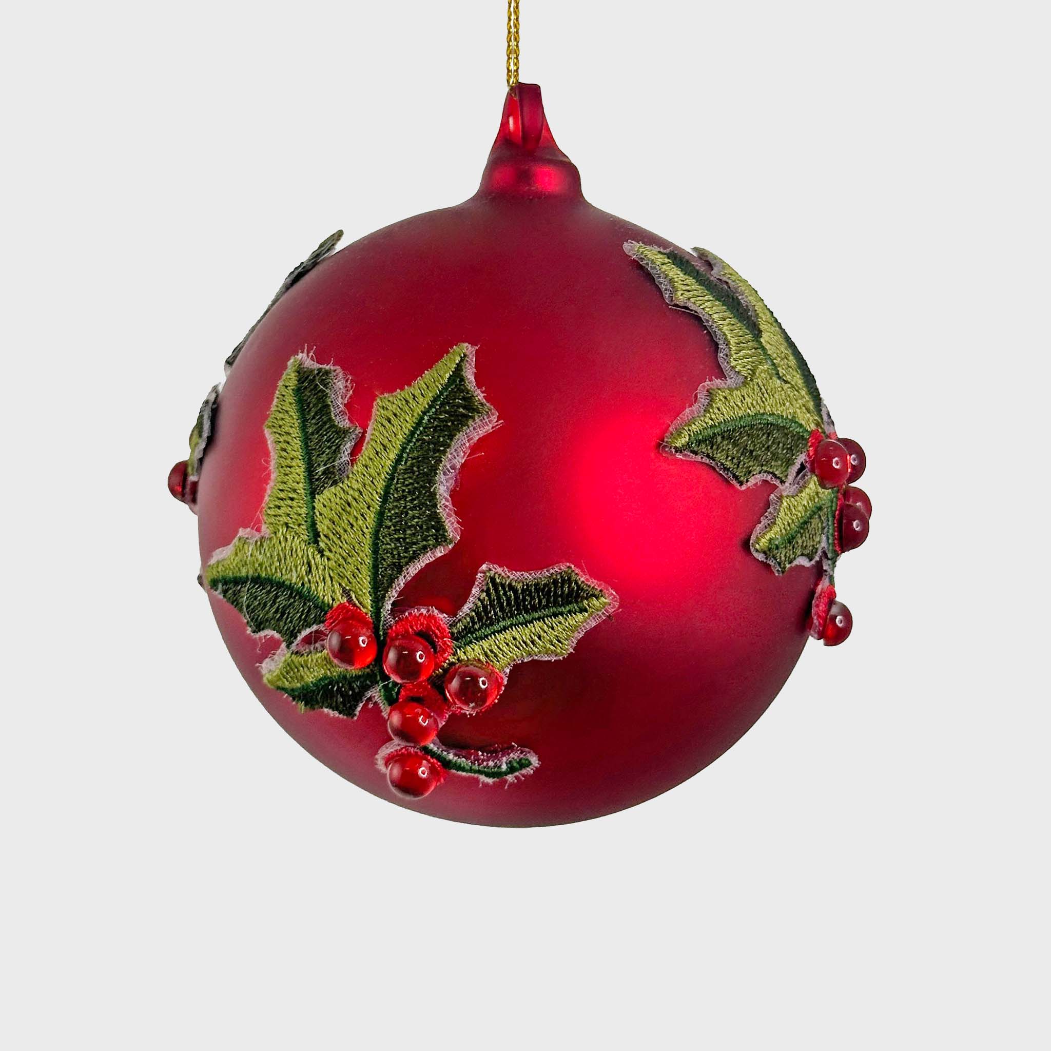 Glass Ball Mat Red with Holly Decoration
