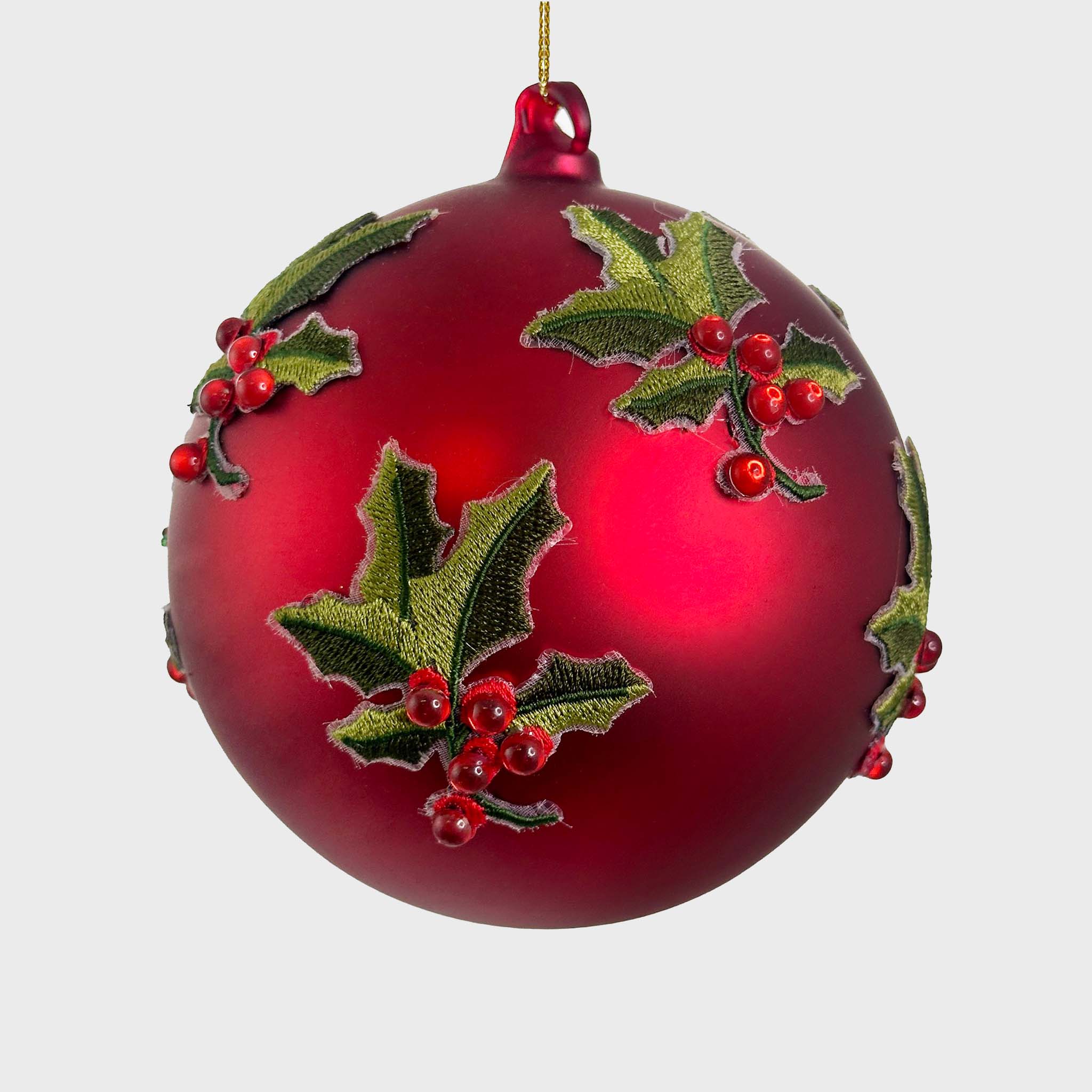 Glass Ball Mat Red with Holly Decoration