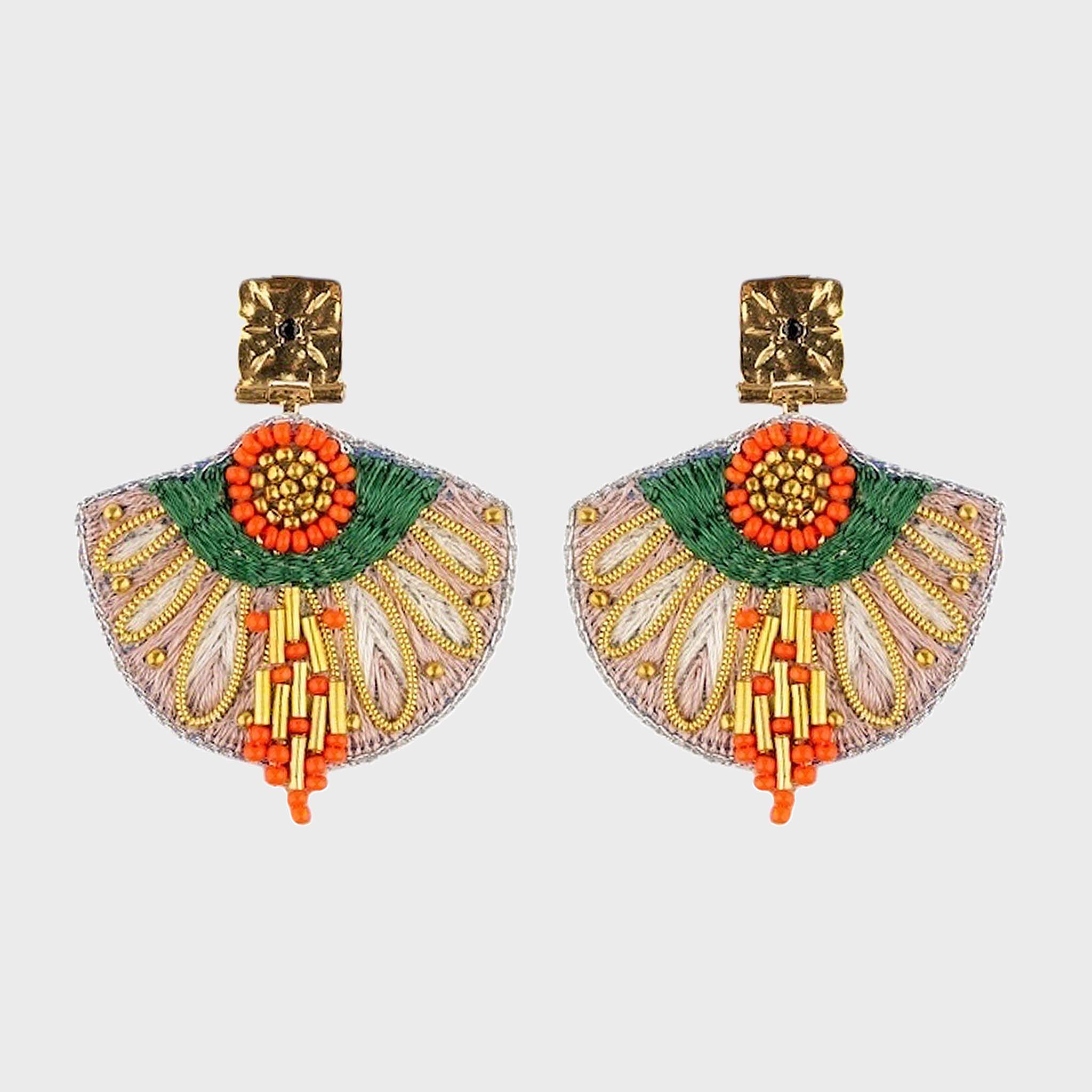 Decorative earrings with colorful design on a light gray background