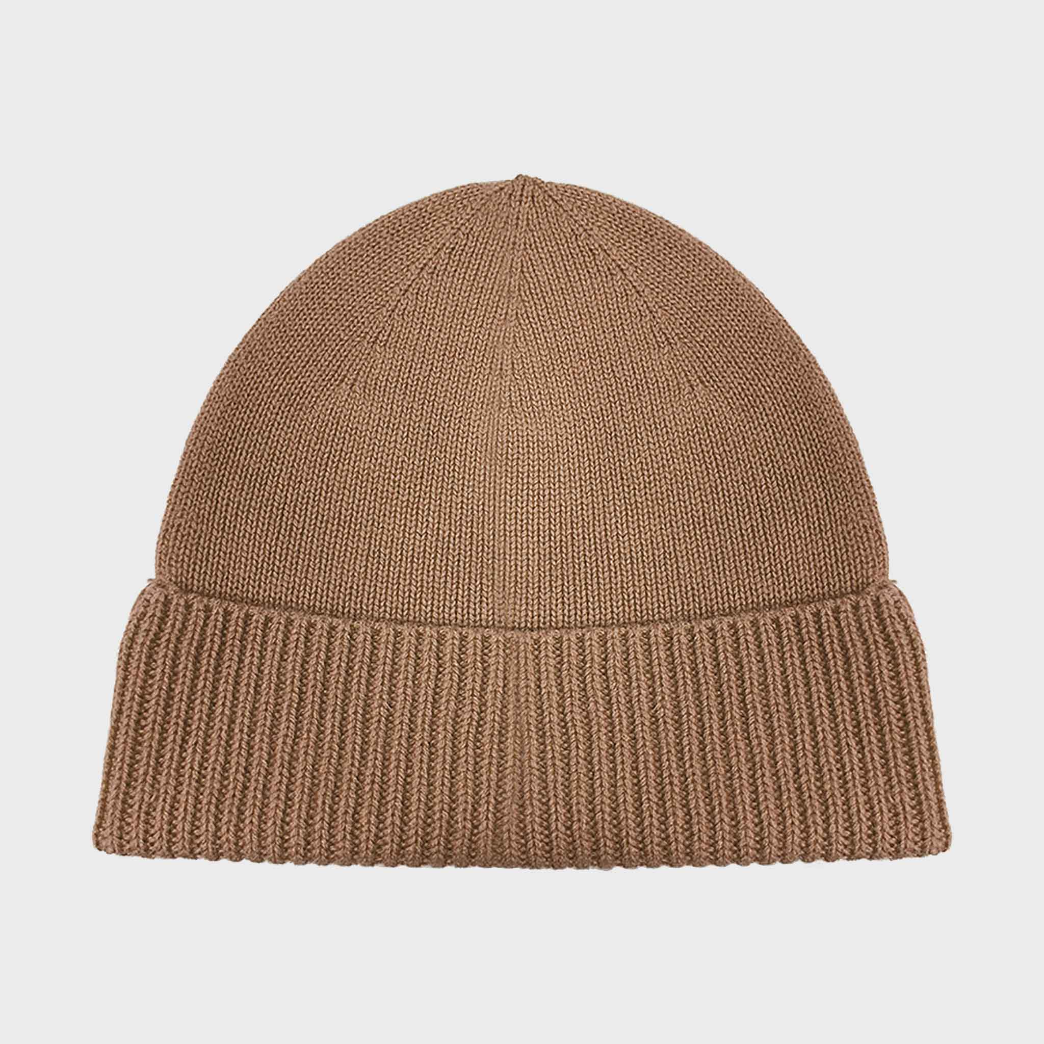 Brown knit beanie on a light gray background