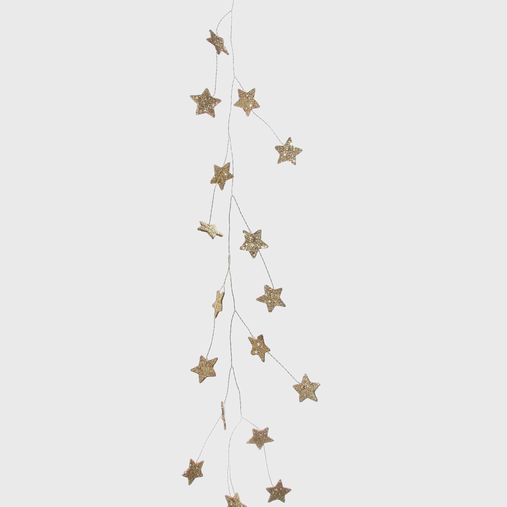 A string of dark gold glittering mini stars attached to a wire garland.