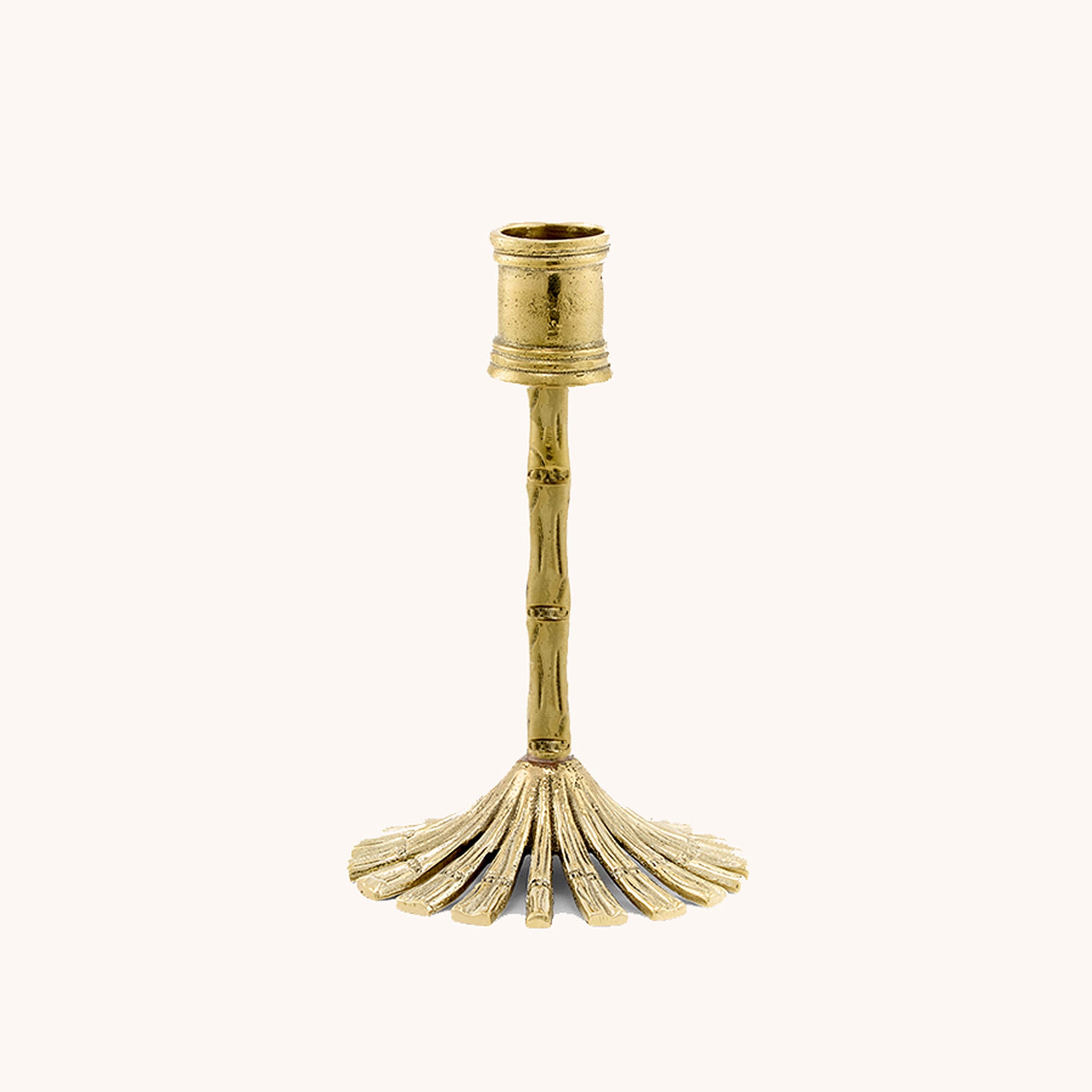 Small Bamboo Candle Holder in recycled brass with fan-shaped base, front view
