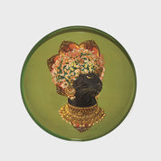Feline Portrait Round Tray in green with black panther in a daisy headdress and gold necklace, top view