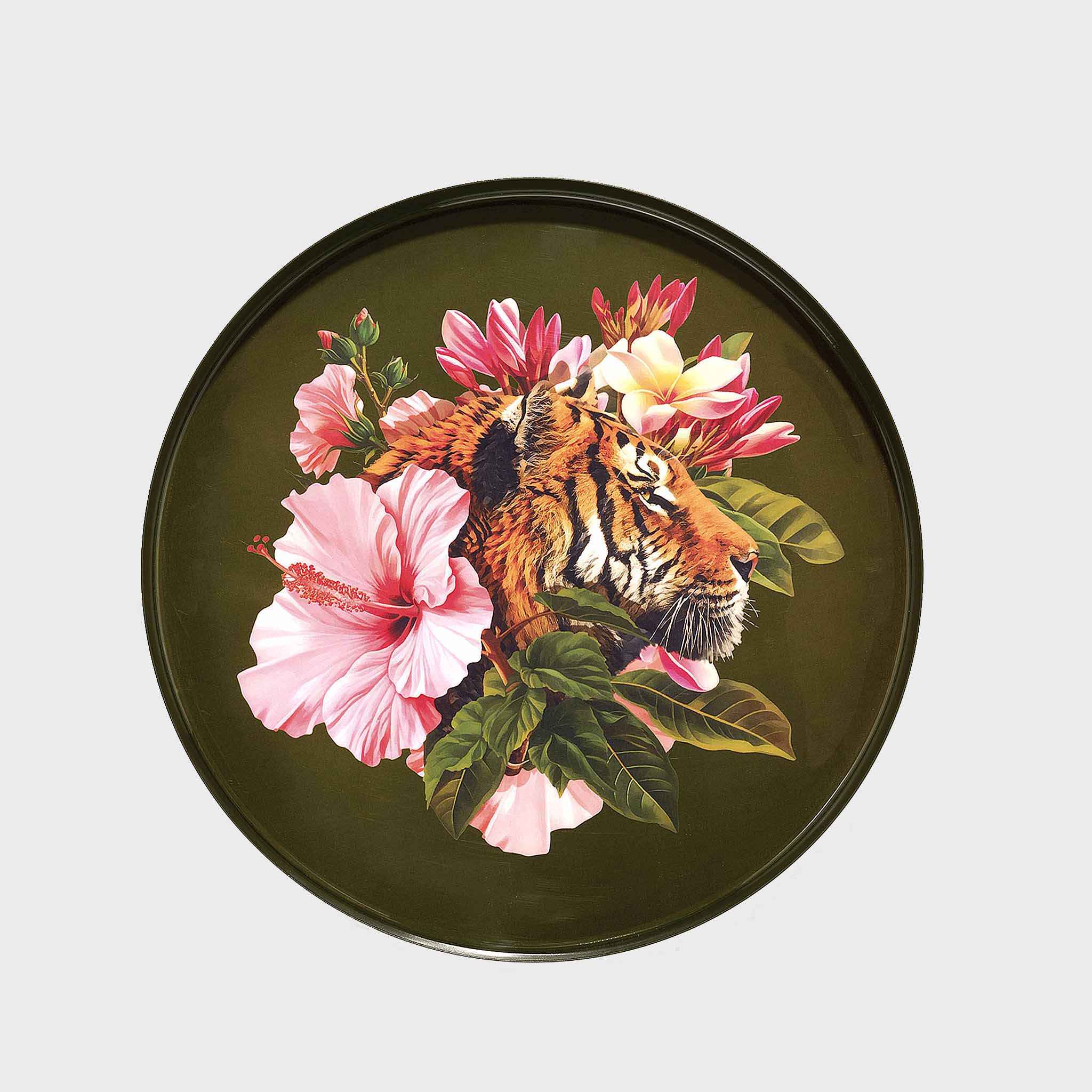 Feline Portrait Round Tray in olive green with tiger among pink hibiscus flowers, top view