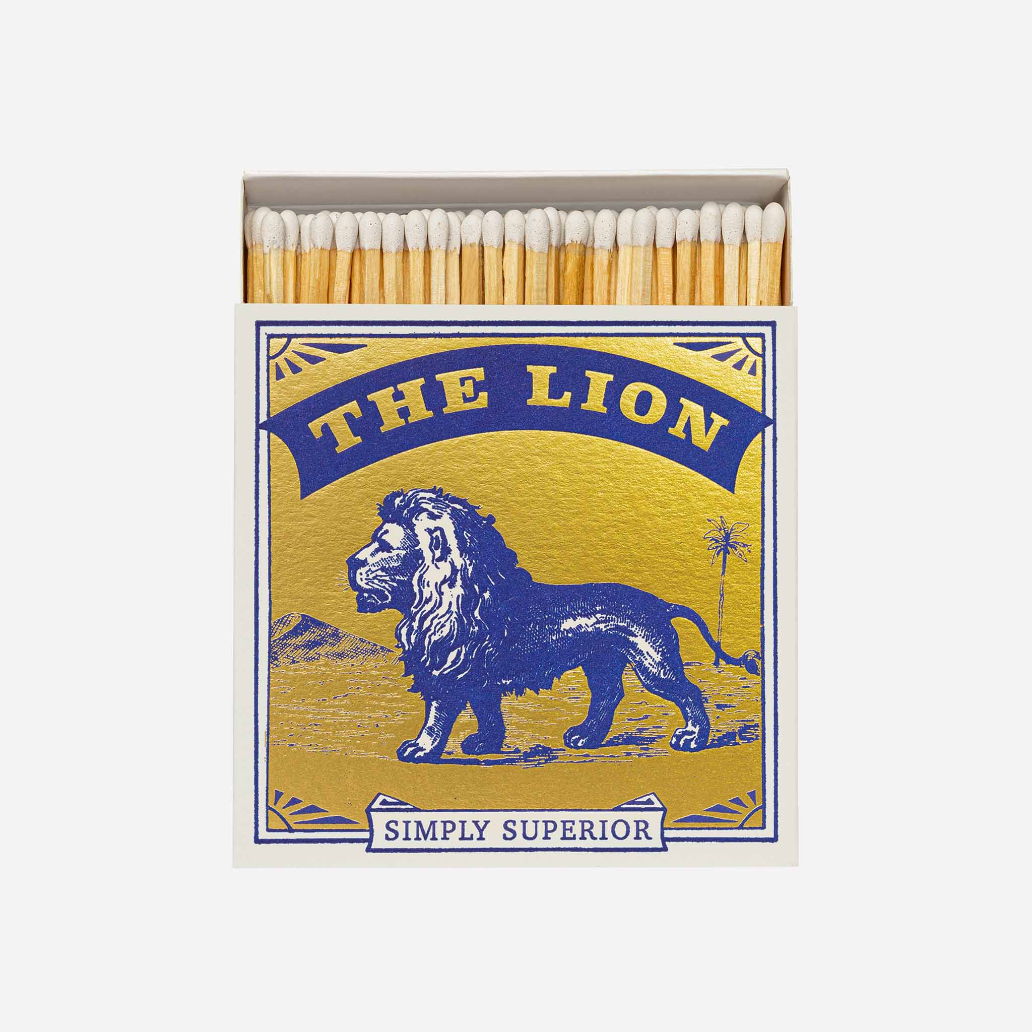 Matchbox with 'The Lion' branding and a lion illustration on a yellow background.