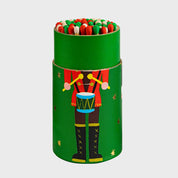 Nutcrackers Large Cylinder Matches tin open to show red, white, and green matchsticks, with a drummer nutcracker illustration on the label