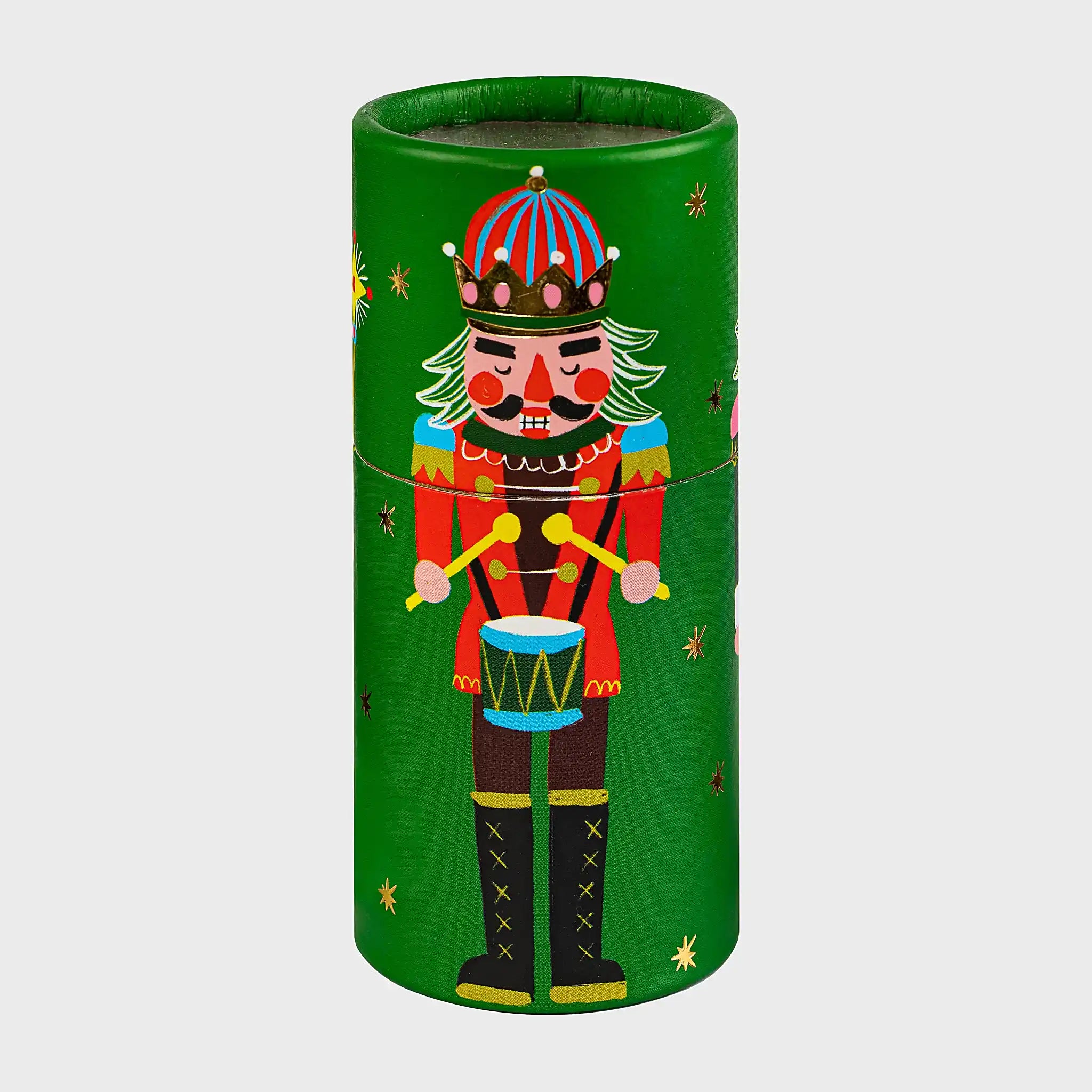 Nutcrackers Large Cylinder Matches tin with a hand-painted crowned nutcracker illustration in red and green