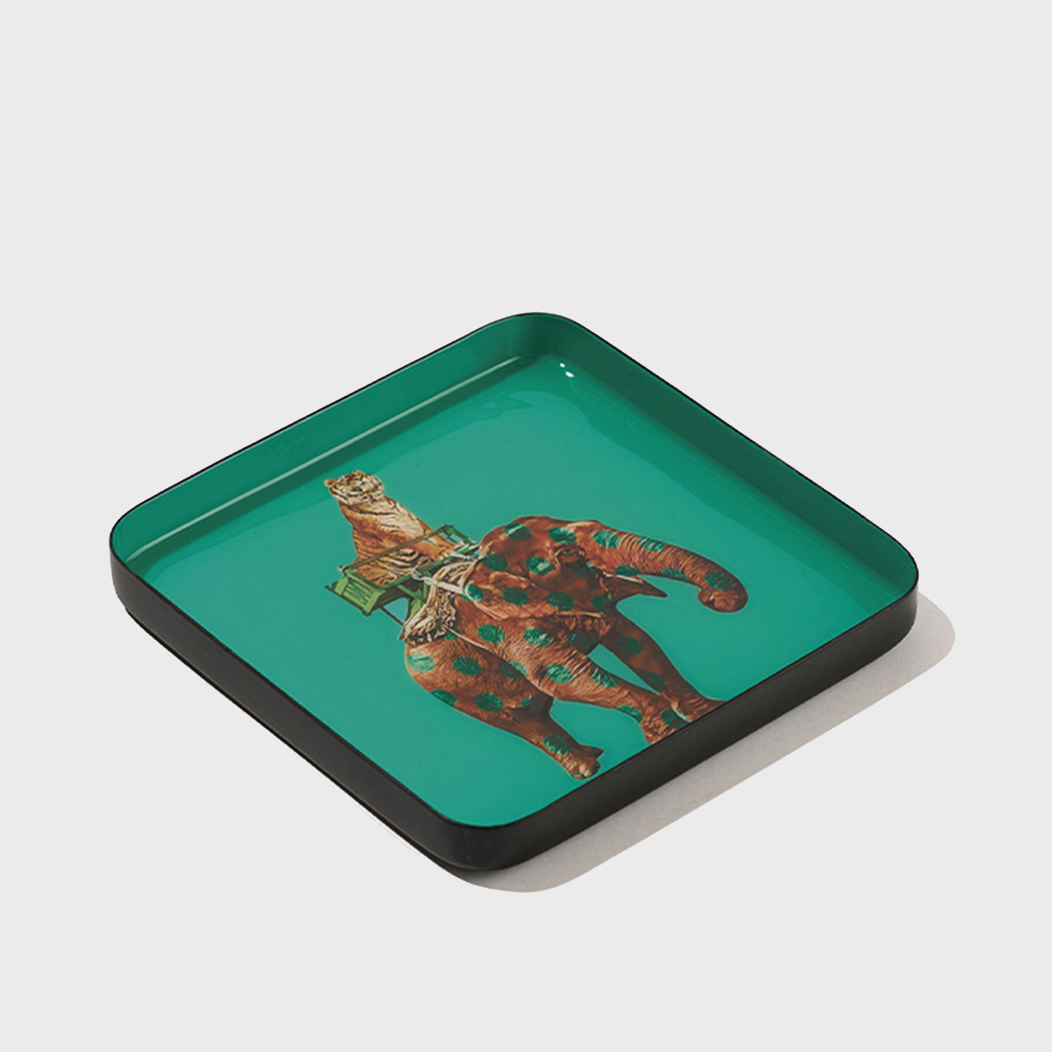 Teal square enamel tray with tiger and elephant design, angled view