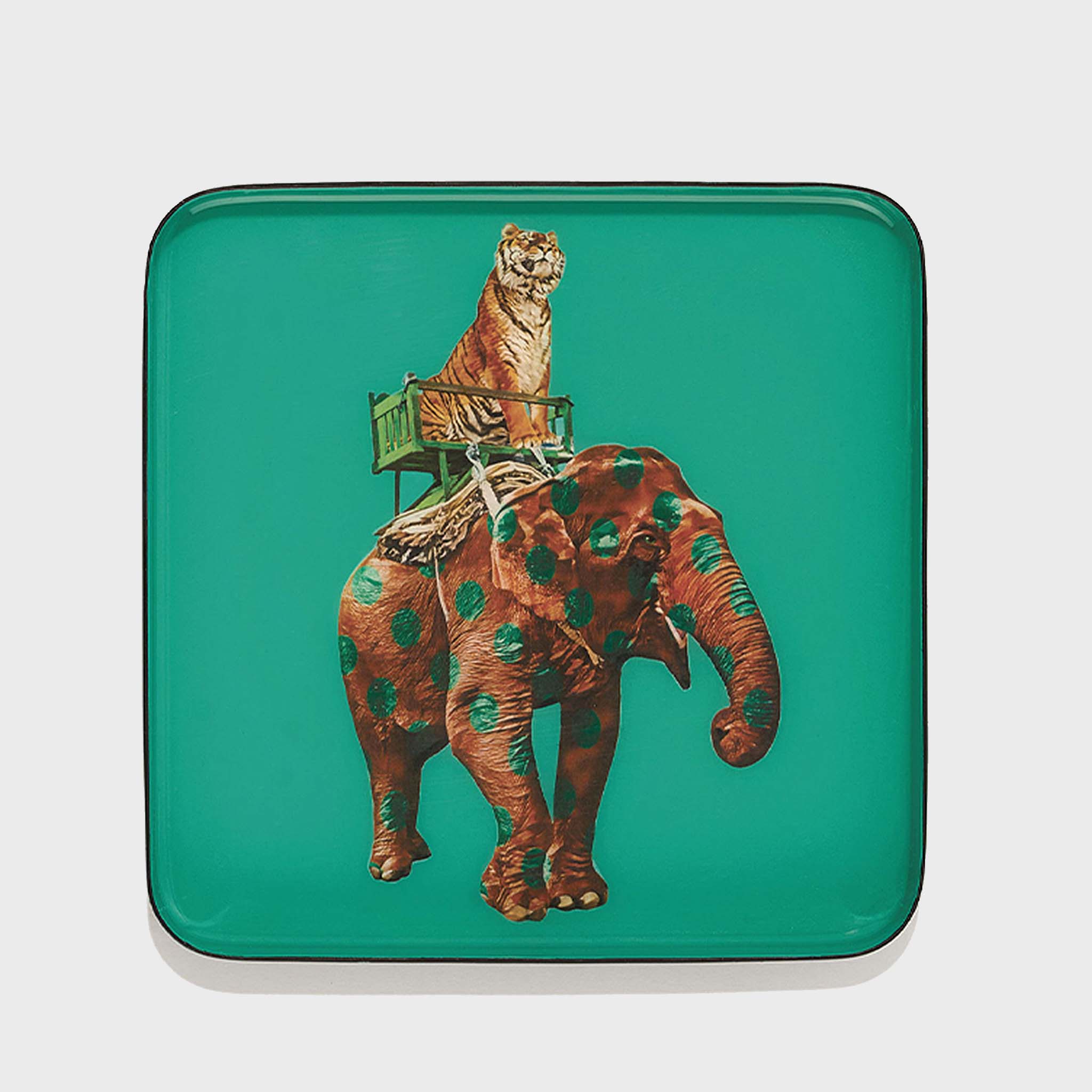 Small Animal Tray in teal with tiger riding an elephant artwork, top view